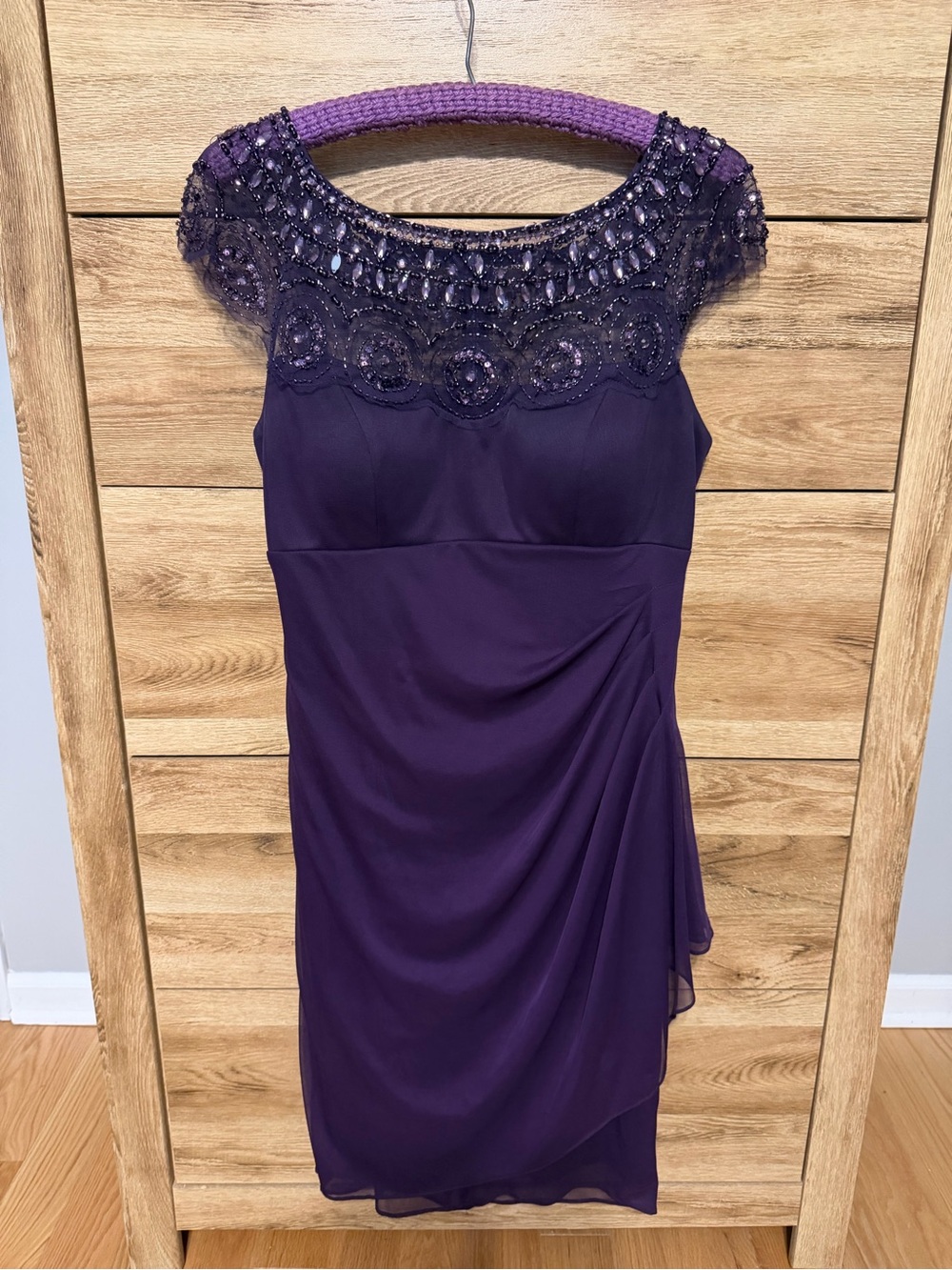 Xscape Deep Purple Beaded Cap-Sleeve Midi Dress